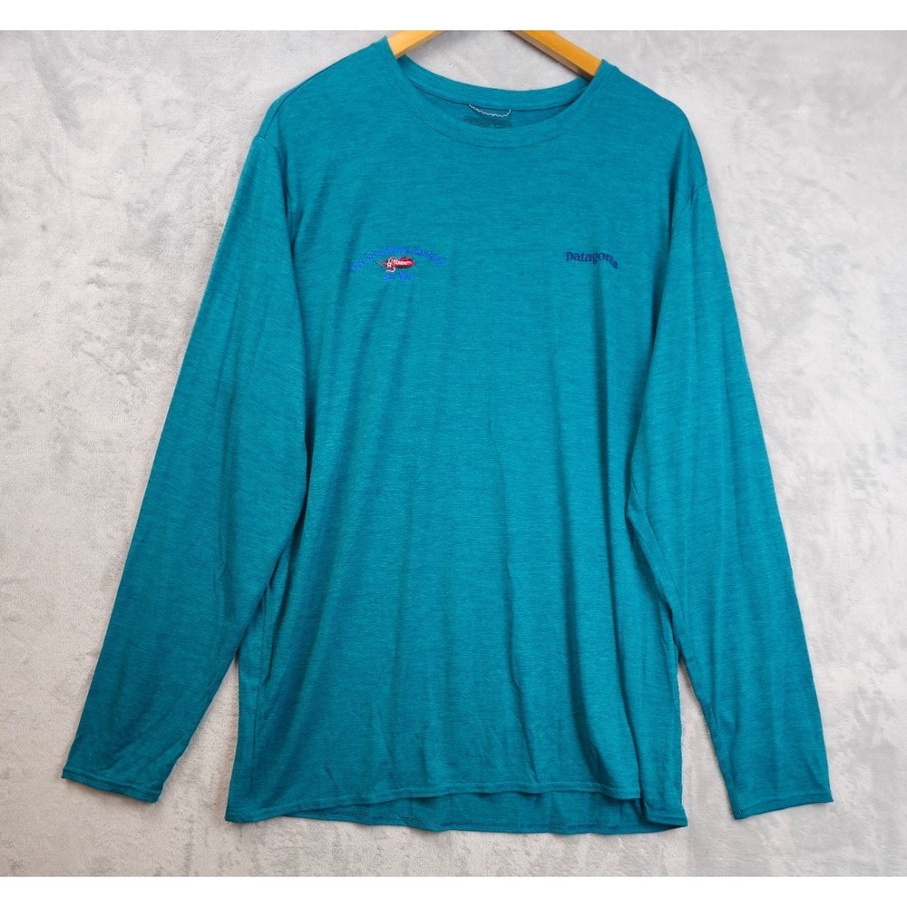 Patagonia Shirt Mens Size XXL Green Long Sleeve Graphic Wave Logo Performance